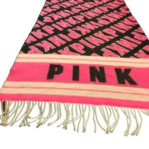 Victoria's Secret PINK Throw Blanket Pink White Black Fringe 27x88 in